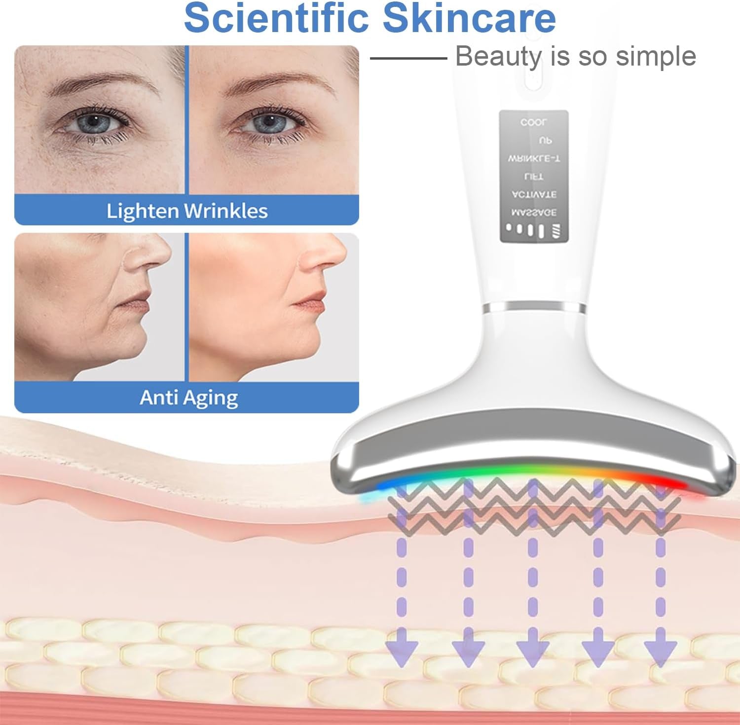 Red-Light-Therapy-For-Face and Neck, Anti-Aging Facial and Neck Massager, Soothing and Relaxing Face Massager Device with 4 Color LED Therapy, Vibration and Thermal Functions for Skin Care (White)