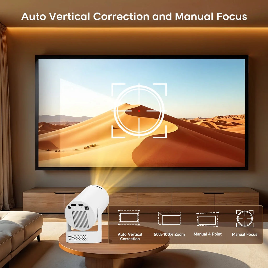 Mini Projector 4K Support with Wifi 6 and BT 5.4, 5W Soundbase Speaker, Auto Vertical Keystone 180° Rotatable Portable Projector for Home Bedroom Outdoor Movies Hy300Pro+ White