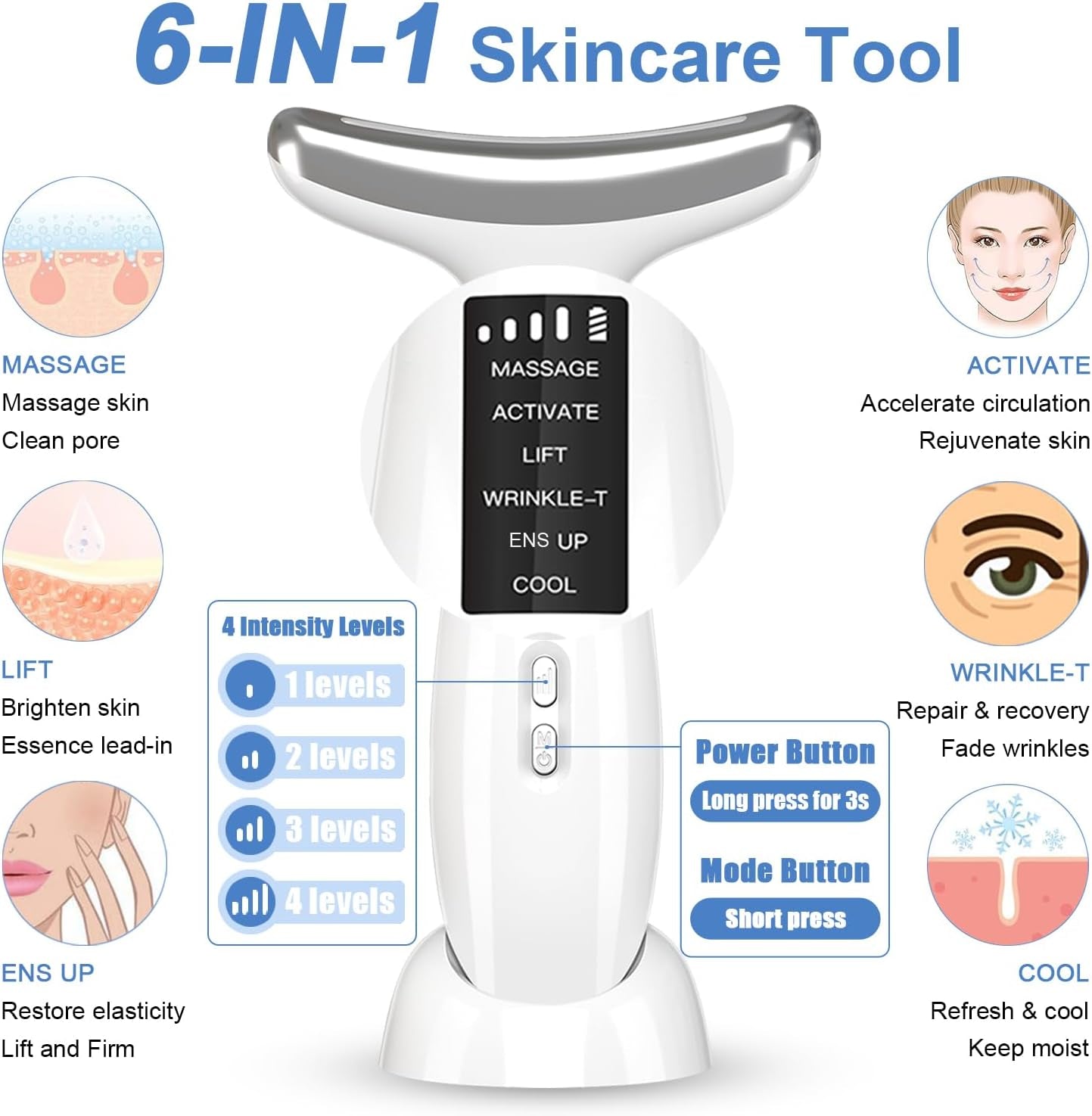 Red-Light-Therapy-For-Face and Neck, Anti-Aging Facial and Neck Massager, Soothing and Relaxing Face Massager Device with 4 Color LED Therapy, Vibration and Thermal Functions for Skin Care (White)