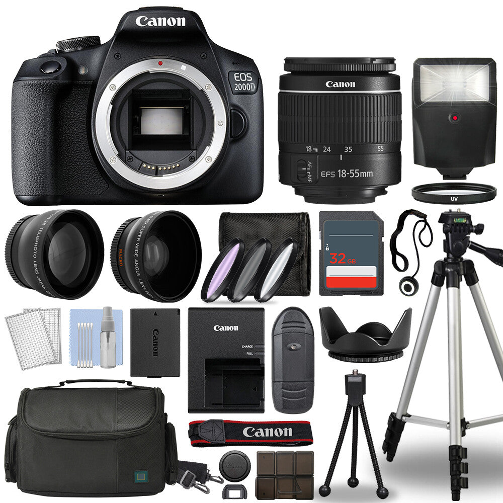 Canon EOS 2000D / Rebel T7 SLR Camera + 3 Lens Kit 18-55Mm + 32GB + Flash & More
