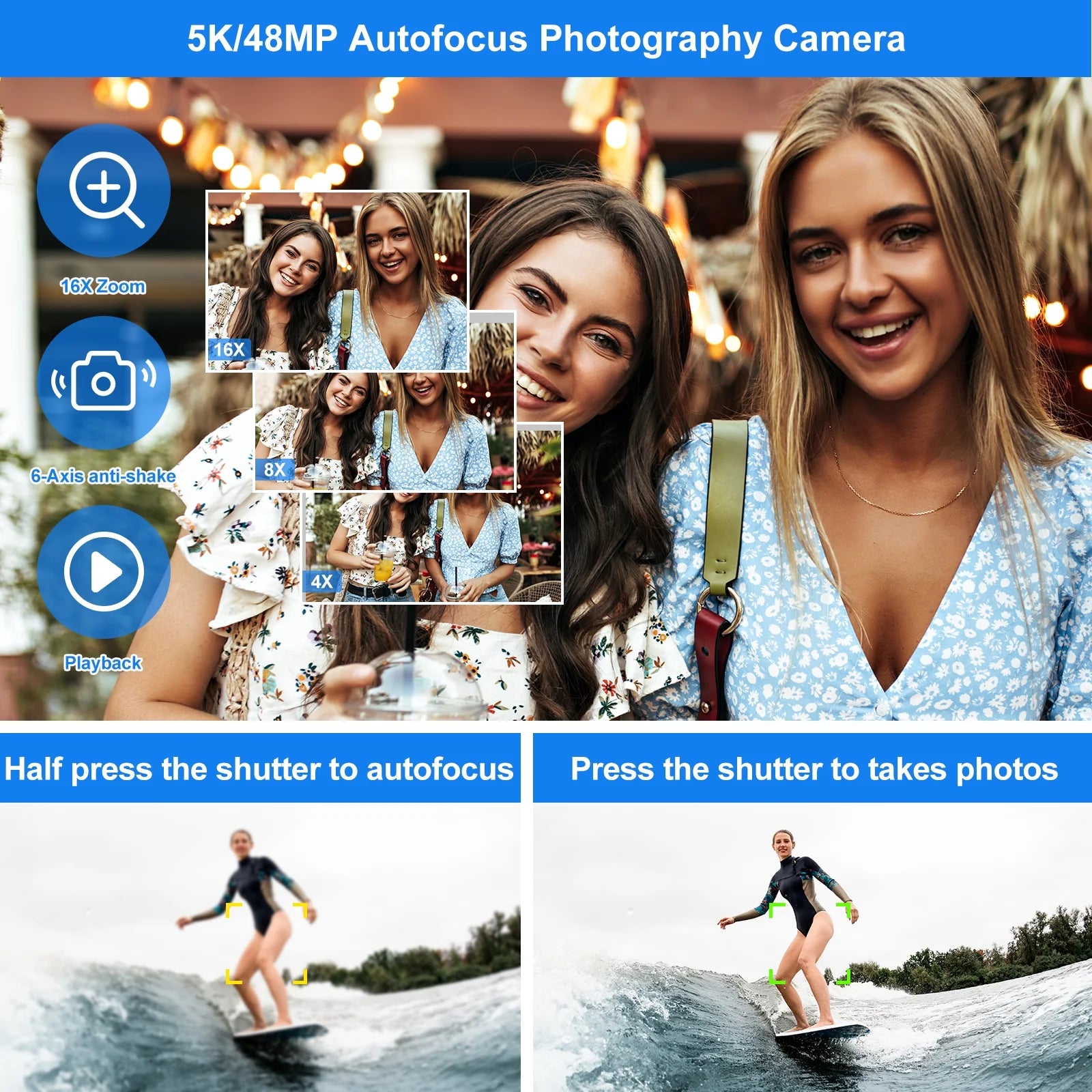 5K Digital Camera for Photography Wifi Autofocus 48MP Vlogging Camera for Youtube 16X Digital Zoom with Front and Rear Cameras with 32GB SD Card