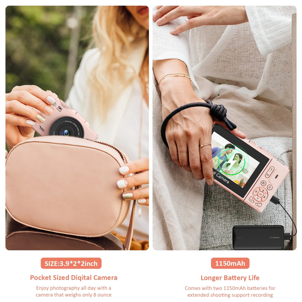 5K Digital Camera for Photography with Wifi, 75MP Vlogging Camera for Youtube with 3" 180° Flip Screen, 18X Digital Zoom with 32GB Micro SD Card & 2 Batteries (Pink)