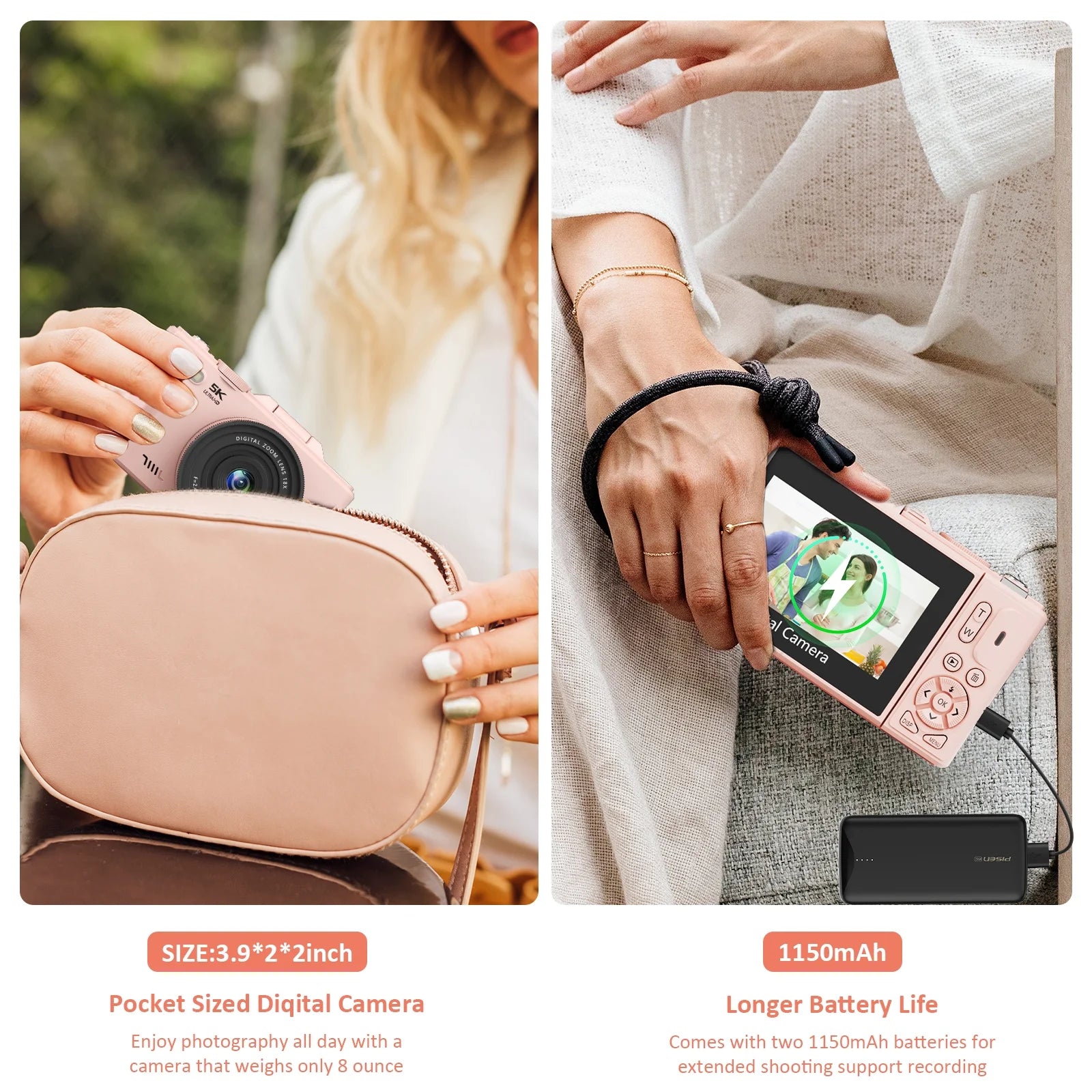 5K Digital Camera for Photography with Wifi, 75MP Vlogging Camera for Youtube with 3" 180° Flip Screen, 18X Digital Zoom with 32GB Micro SD Card & 2 Batteries (Pink)