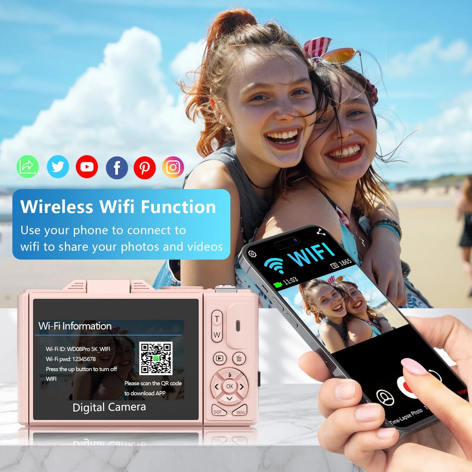 Digital Camera 5K 75MP Wifi Vlogging Cameras for You Tube 3''180° Flip Screen 18X Zoom with 32GB Card for Beginners Pink