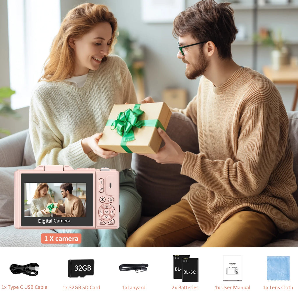 5K Digital Camera for Photography with Wifi, 75MP Vlogging Camera for Youtube with 3" 180° Flip Screen, 18X Digital Zoom with 32GB Micro SD Card & 2 Batteries (Pink)