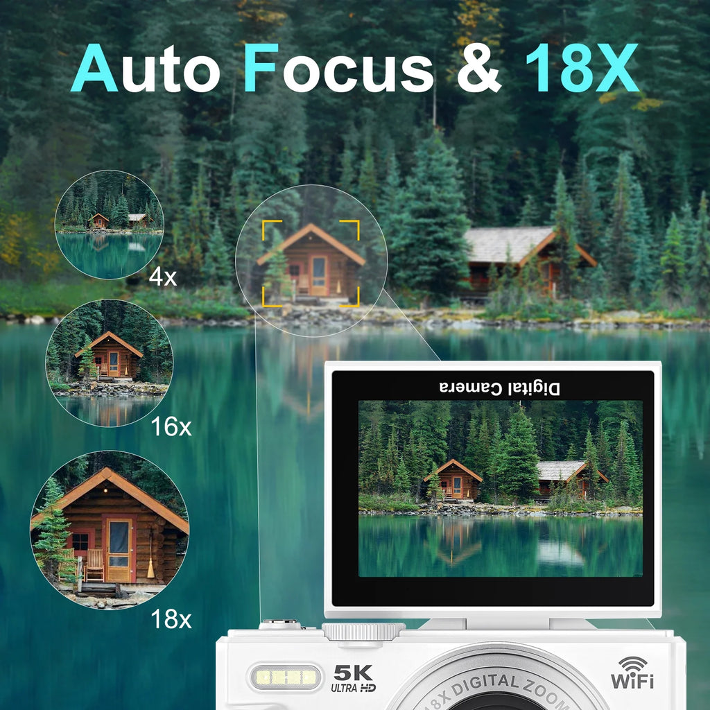 Digital Camera 5K 75MP Wifi Vlogging Camera for Photography, 18X Zoom, Autofocus, Flip Screen with 32GB Card, White