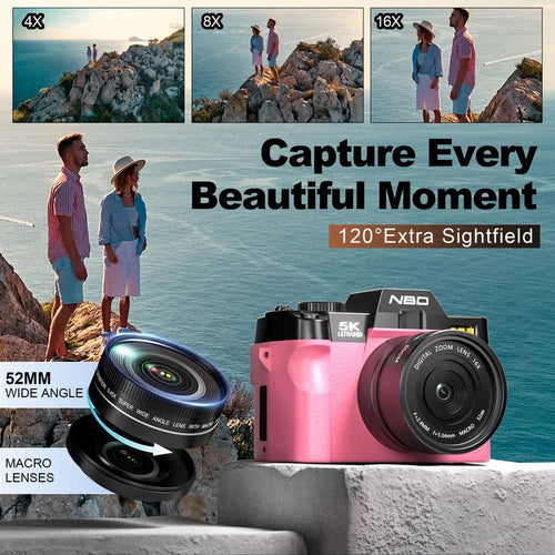 5K Digital Camera for Photography,48Mp Autofocus Vlogging Camera for Youtube with 32GB TF Card，Pink