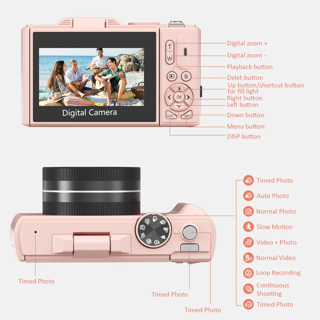 5K Digital Camera for Photography with Wifi, 75MP Vlogging Camera for Youtube with 3" 180° Flip Screen, 18X Digital Zoom with 32GB Micro SD Card & 2 Batteries (Pink)