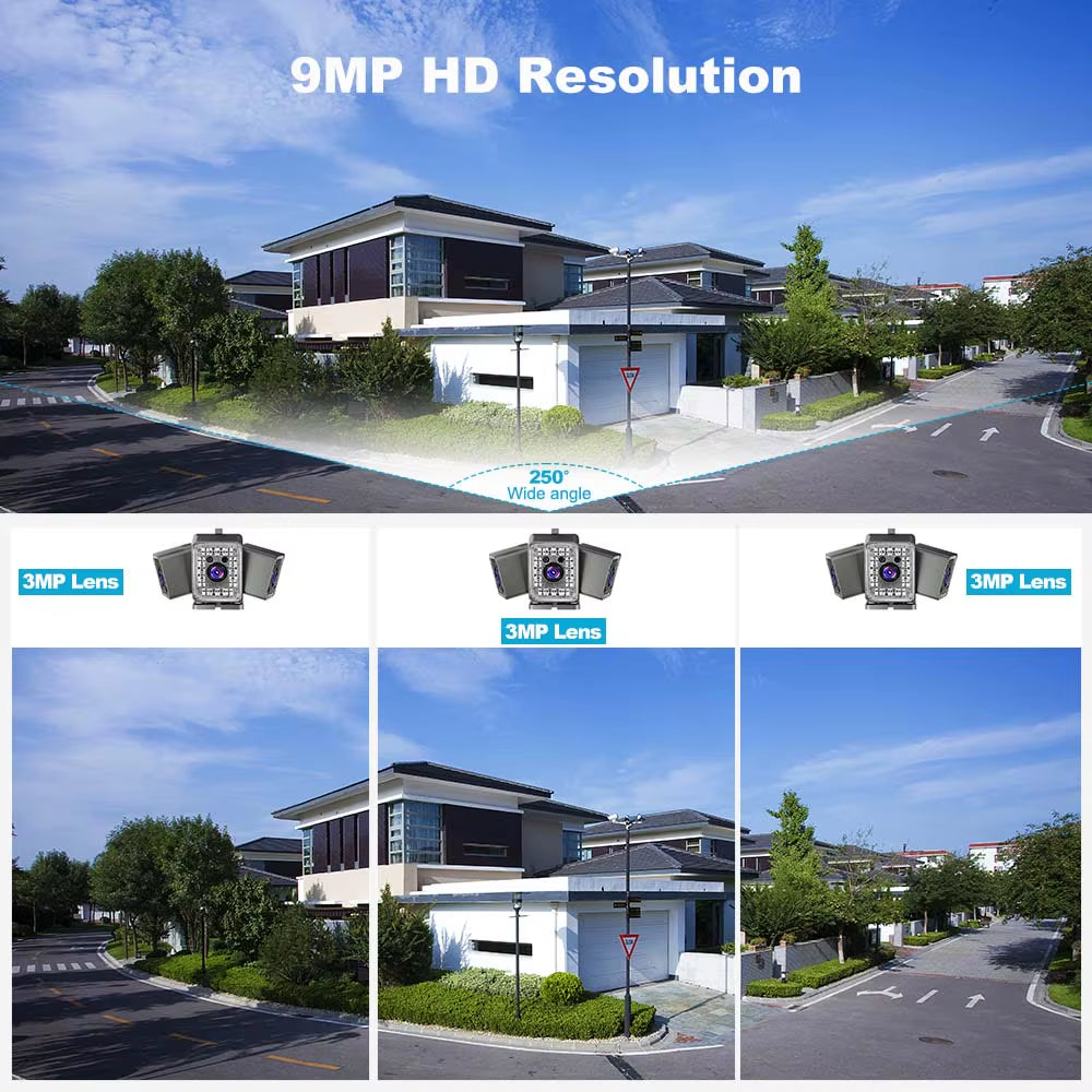 9MP Wifi Outdoor Camera Triple Lens Fixed 250° Wide Angle Panorama Cam Security Protection Motion Detection Video Surveillance
