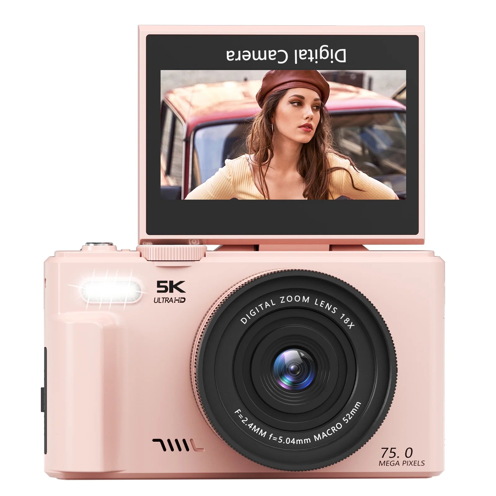 Digital Camera 5K 75MP Wifi Vlogging Cameras for You Tube 3''180° Flip Screen 18X Zoom with 32GB Card for Beginners Pink