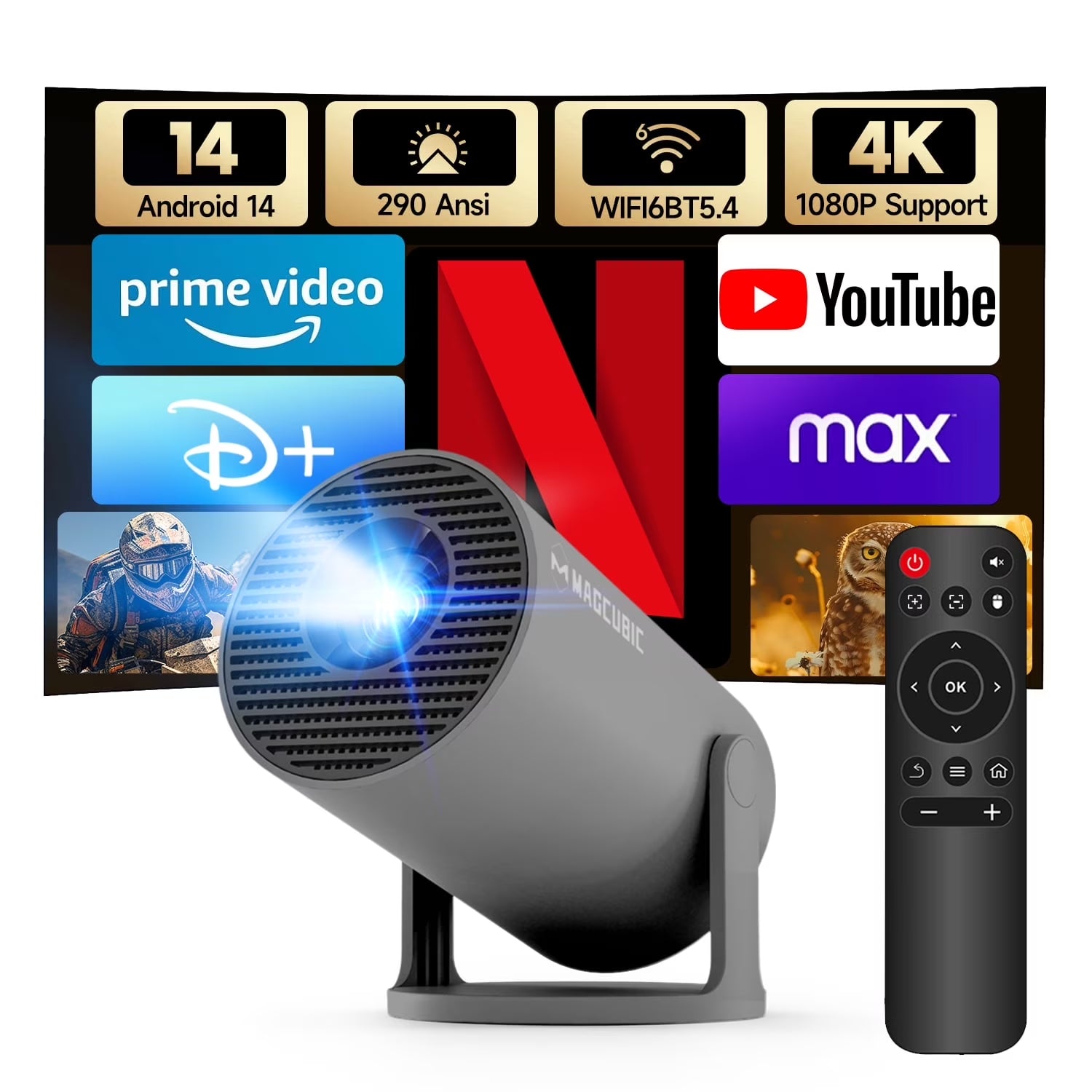 Mini Projector 4K 1080P Support with Wifi 6 & BT 5.4 290 ANSI Brightness, Auto Keystone, 180 Degree Rotation, Portable Projector for Home Theater & Outdoor Movies Hy300Pro Grey