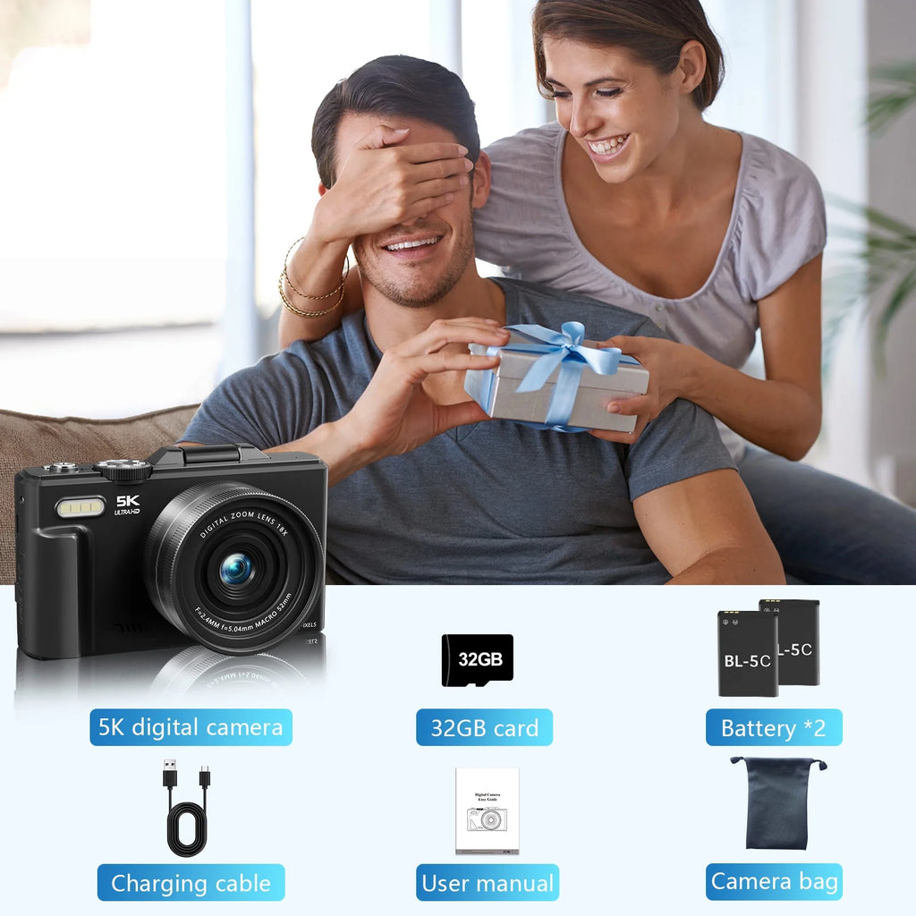 Digital Camera 5K 75MP Wifi Vlogging Cameras for You Tube 3''180° Flip Screen 18X Zoom with 32GB Card for Beginners Black