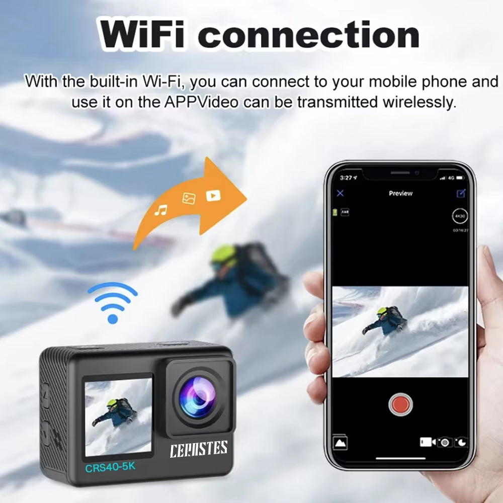 CERASTES Action Camera 5K 4K 60FPS Wifi Anti-Shake Dual Screen 170° Wide Angle 30M Waterproof Sport Camera with Remote Control