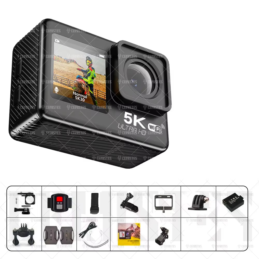 Action Camera 5K 4K60FPS Wifi Anti-Shake Dual Screen 170° Wide Angle 30M Waterproof Sport Camera with Remote Control