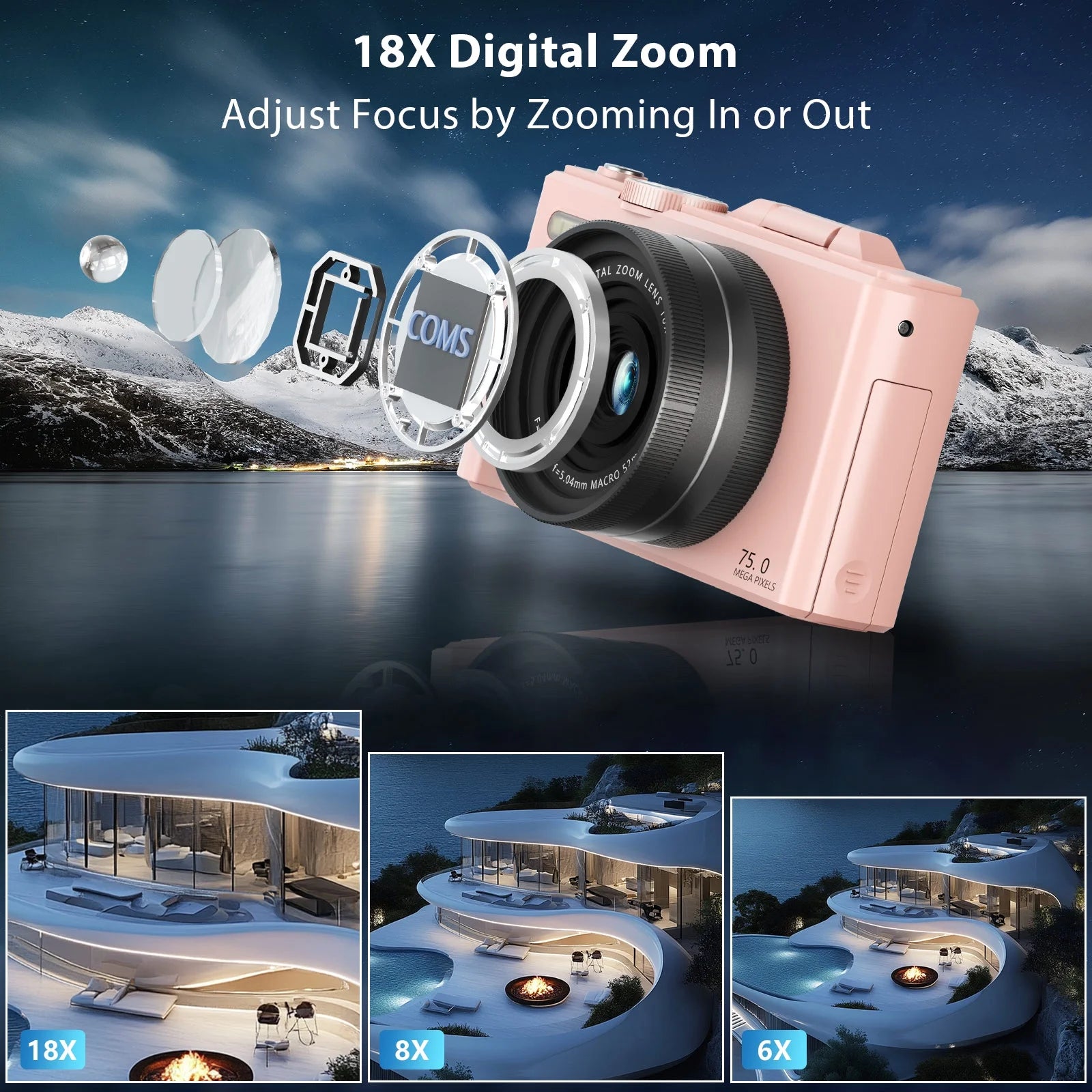 Digital Camera 5K 75MP Wifi Vlogging Cameras for You Tube 3''180° Flip Screen 18X Zoom with 32GB Card for Beginners Pink