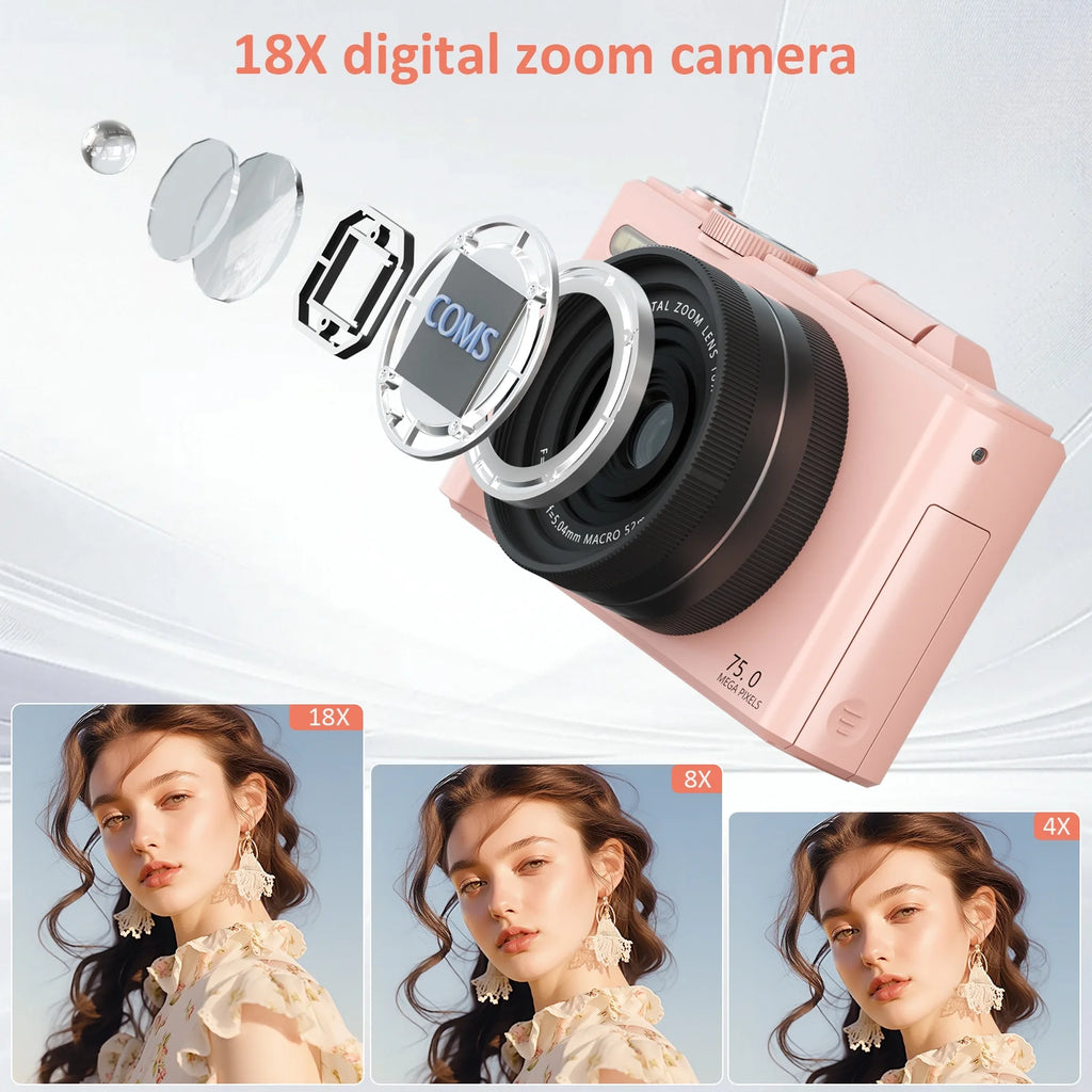 5K Digital Camera for Photography with Wifi, 75MP Vlogging Camera for Youtube with 3" 180° Flip Screen, 18X Digital Zoom with 32GB Micro SD Card & 2 Batteries (Pink)