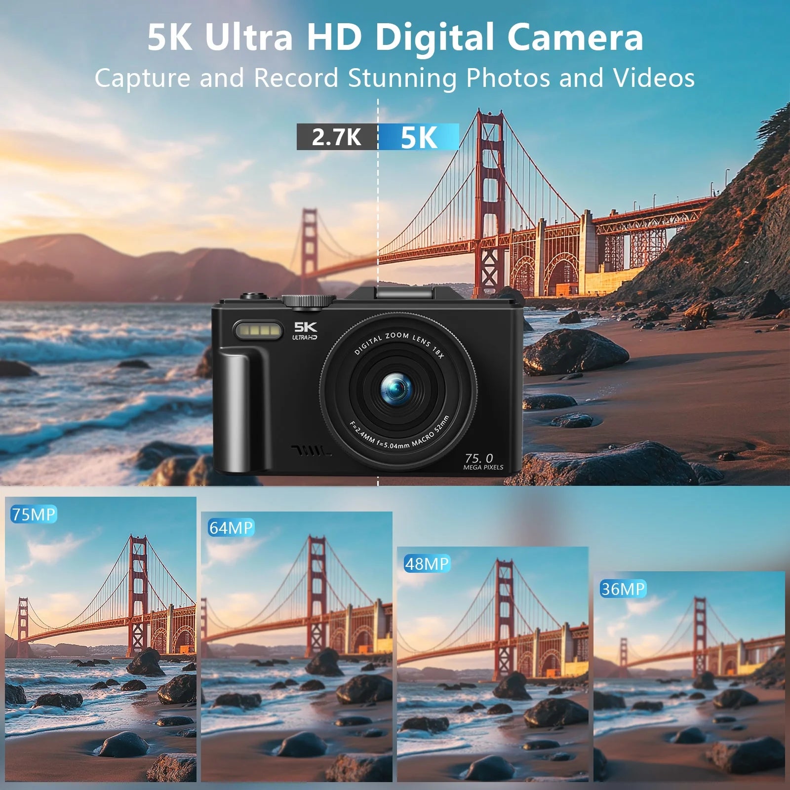 Digital Camera 5K 75MP Wifi Vlogging Cameras for You Tube 3''180° Flip Screen 18X Zoom with 32GB Card for Beginners Black