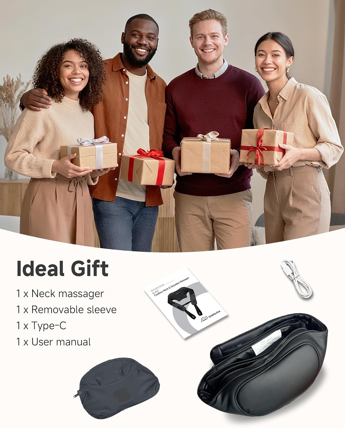 Shiatsu Neck Massager for Pain Relief Deep Tissue Cordless Kneading Shoulder Massage with Heat Graphene Heating Rechargable, 4D Roller Neck Back Massage, Gift for Mom Dad