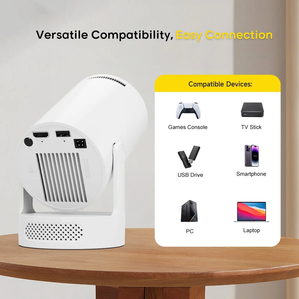 Mini Projector 4K Support with Wifi 6 and BT 5.4, 5W Soundbase Speaker, Auto Vertical Keystone 180° Rotatable Portable Projector for Home Bedroom Outdoor Movies Hy300Pro+ White