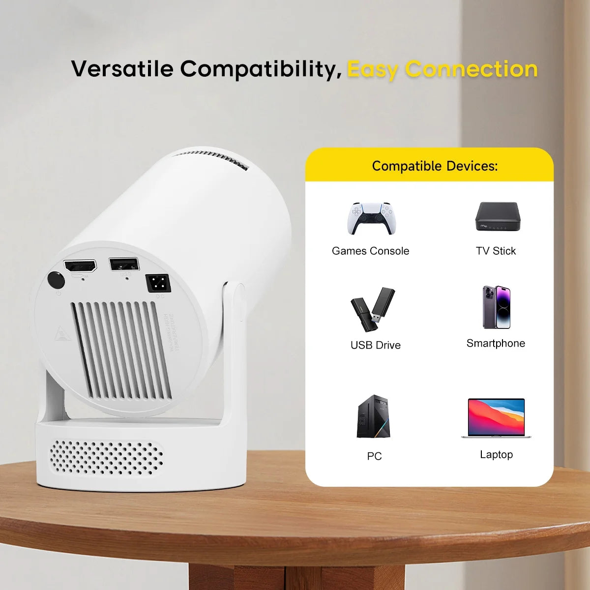 Mini Projector 4K Support with Wifi 6 and BT 5.4, 5W Soundbase Speaker, Auto Vertical Keystone 180° Rotatable Portable Projector for Home Bedroom Outdoor Movies Hy300Pro+ White