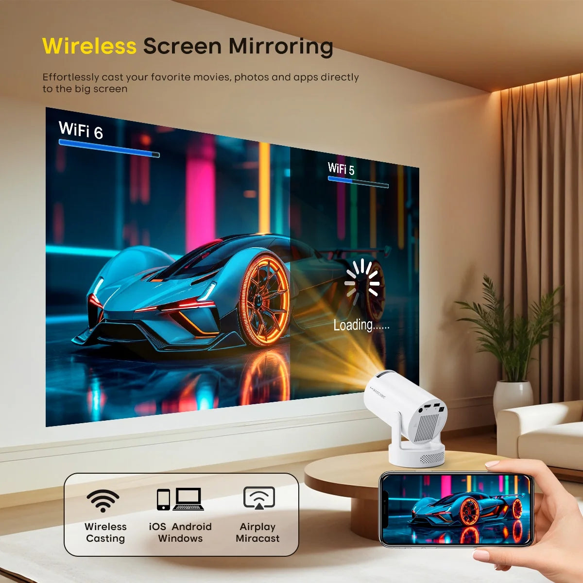 Mini Projector 4K Support with Wifi 6 and BT 5.4, 5W Soundbase Speaker, Auto Vertical Keystone 180° Rotatable Portable Projector for Home Bedroom Outdoor Movies Hy300Pro+ White