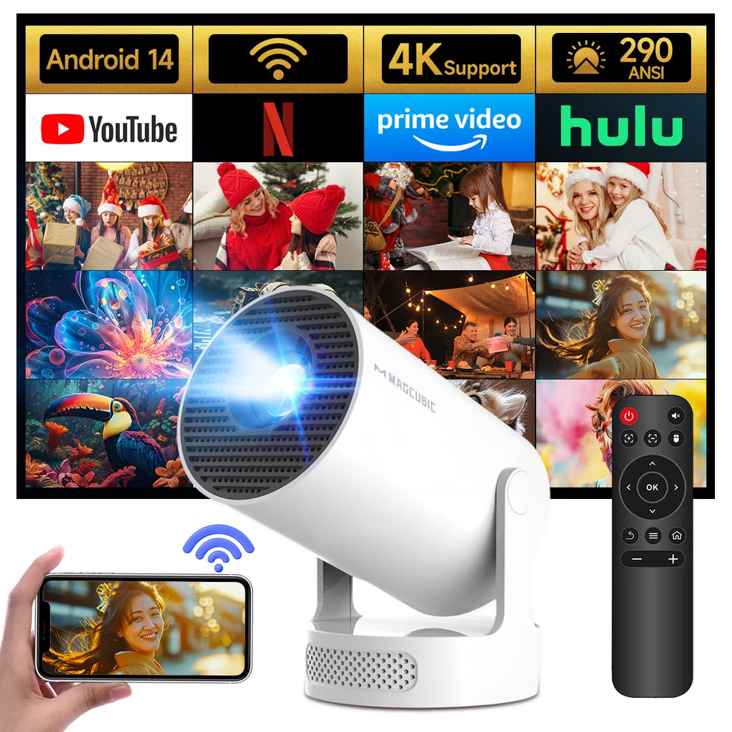 Mini Projector 4K Support with Wifi 6 and BT 5.4, 5W Soundbase Speaker, Auto Vertical Keystone 180° Rotatable Portable Projector for Home Bedroom Outdoor Movies Hy300Pro+ White