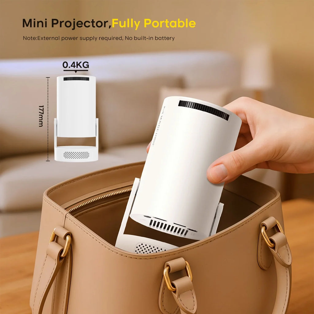 Mini Projector 4K Support with Wifi 6 and BT 5.4, 5W Soundbase Speaker, Auto Vertical Keystone 180° Rotatable Portable Projector for Home Bedroom Outdoor Movies Hy300Pro+ White