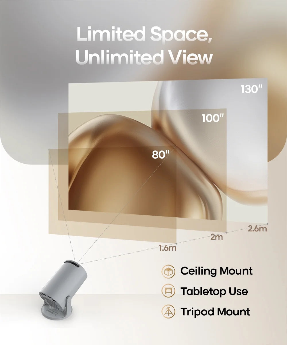 Mini Projector 4K 1080P Support with Wifi 6 & BT 5.4 290 ANSI Brightness, Auto Keystone, 180 Degree Rotation, Portable Projector for Home Theater & Outdoor Movies Hy300Pro Grey