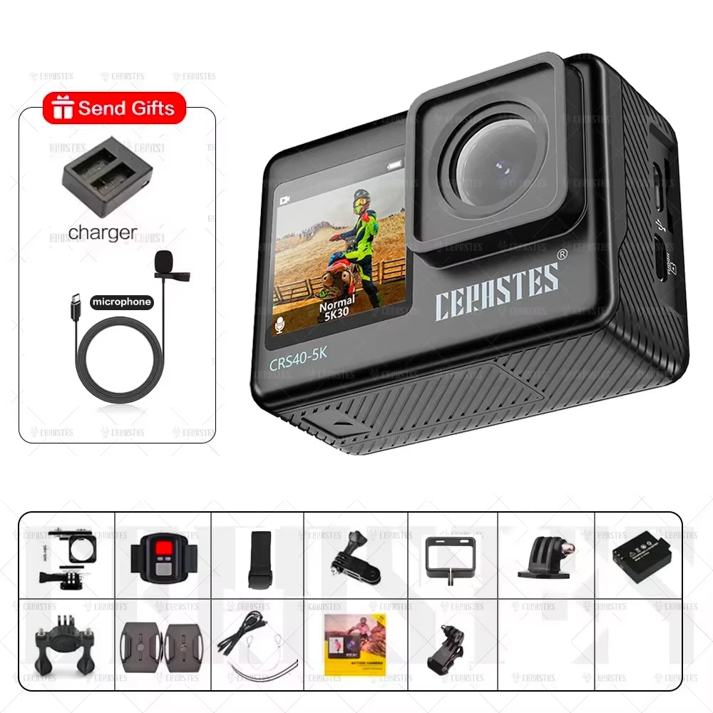 CERASTES Action Camera 5K 4K 60FPS Wifi Anti-Shake Dual Screen 170° Wide Angle 30M Waterproof Sport Camera with Remote Control
