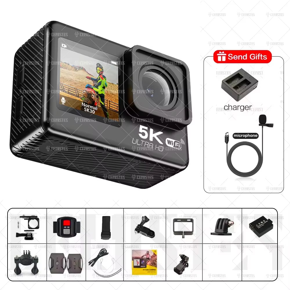 Action Camera 5K 4K60FPS Wifi Anti-Shake Dual Screen 170° Wide Angle 30M Waterproof Sport Camera with Remote Control