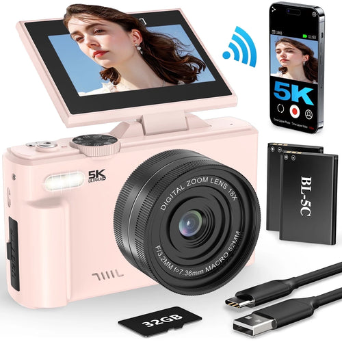 5K Digital Camera for Photography with Wifi, 75MP Vlogging Camera for Youtube with 3" 180° Flip Screen, 18X Digital Zoom with 32GB Micro SD Card & 2 Batteries (Pink)