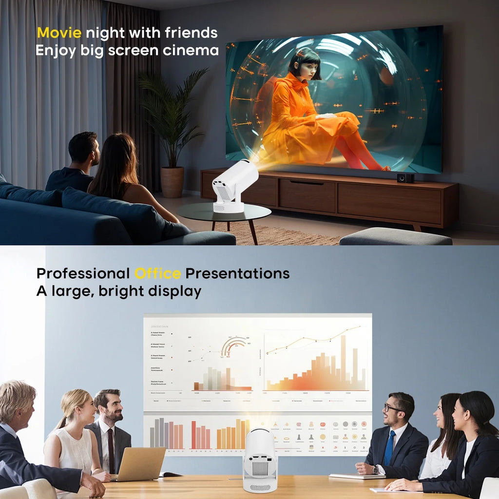 Mini Projector 4K Support with Wifi 6 and BT 5.4, 5W Soundbase Speaker, Auto Vertical Keystone 180° Rotatable Portable Projector for Home Bedroom Outdoor Movies Hy300Pro+ White