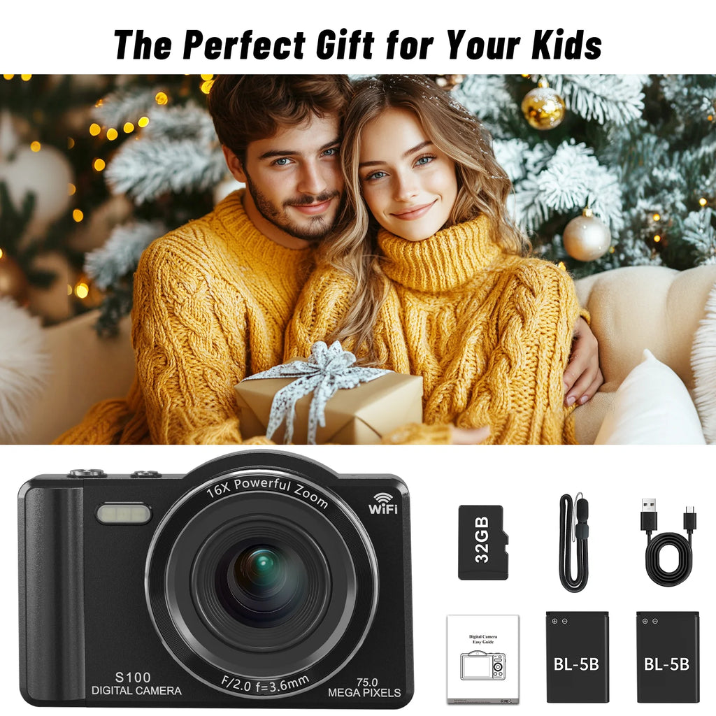 Digital Camera 5K 75MP Dual Camera for Youtube 2.8'' Vlogging Cameras 16X Digital Zoom 32GB Card Mini Cameras for Teens Black