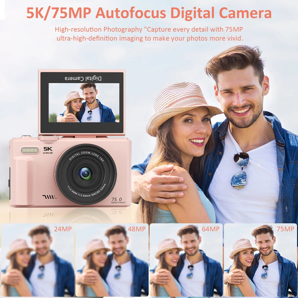 5K Digital Camera for Photography with Wifi, 75MP Vlogging Camera for Youtube with 3" 180° Flip Screen, 18X Digital Zoom with 32GB Micro SD Card & 2 Batteries (Pink)