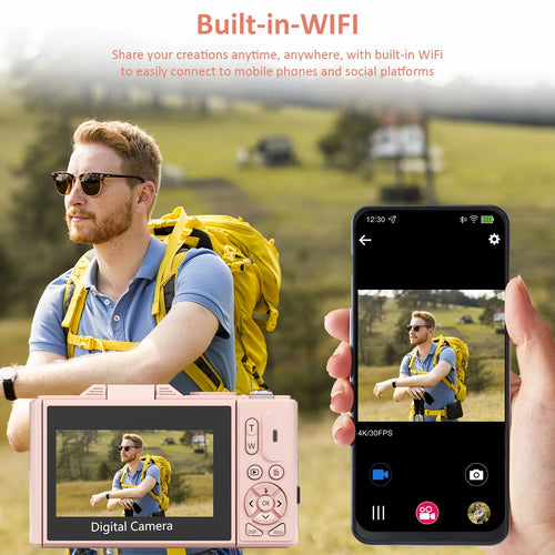 5K Digital Camera for Photography with Wifi, 75MP Vlogging Camera for Youtube with 3" 180° Flip Screen, 18X Digital Zoom with 32GB Micro SD Card & 2 Batteries (Pink)