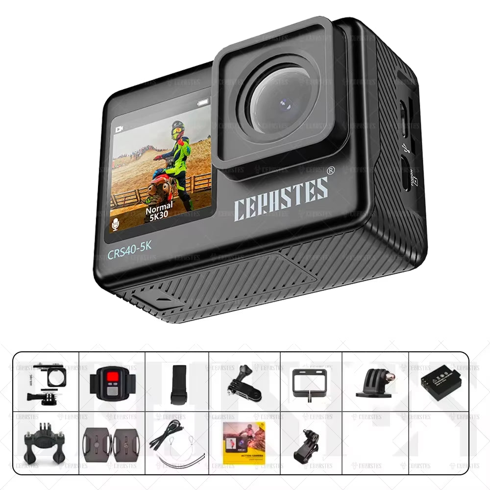 CERASTES Action Camera 5K 4K 60FPS Wifi Anti-Shake Dual Screen 170° Wide Angle 30M Waterproof Sport Camera with Remote Control